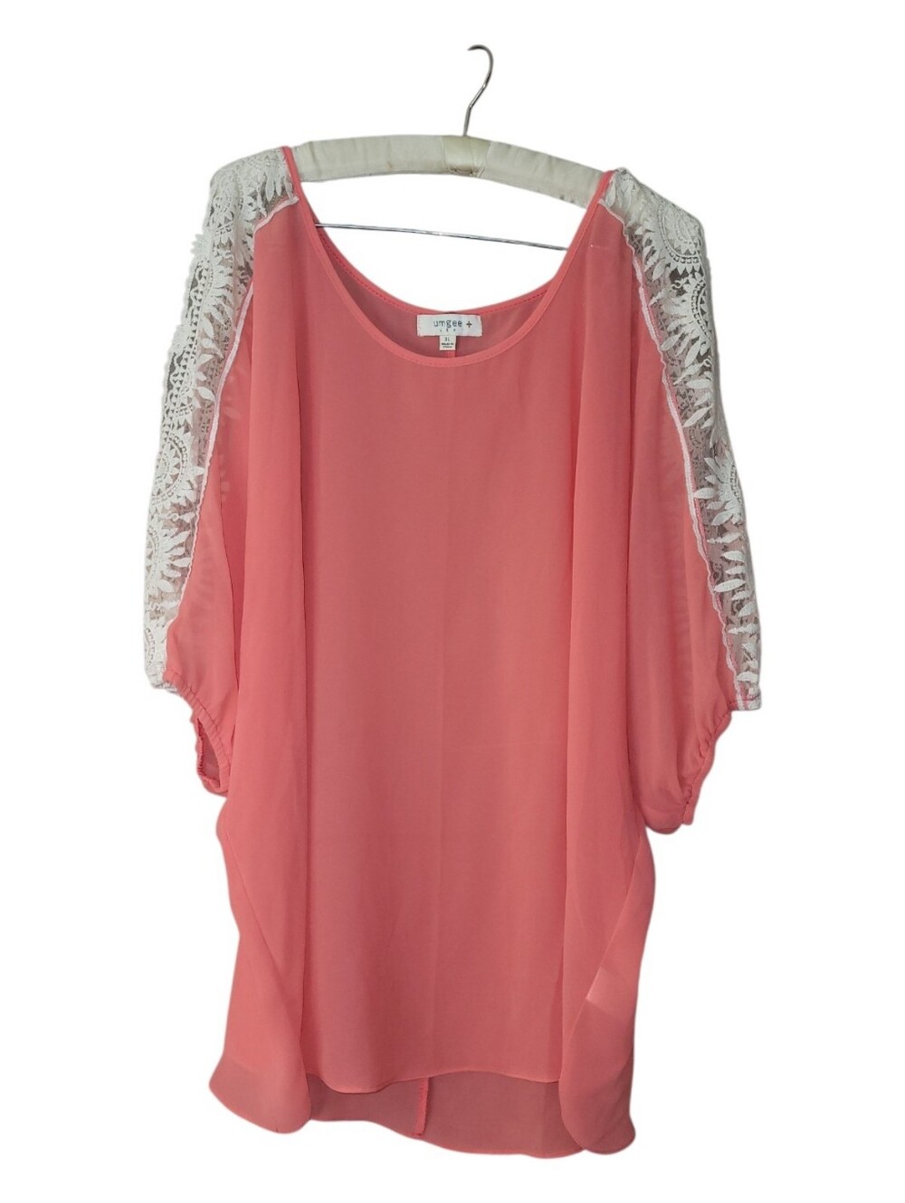 Umgee Coral Semi-sheer Tunic Top Crochet Lace Cold Shoulder Sleeves XL